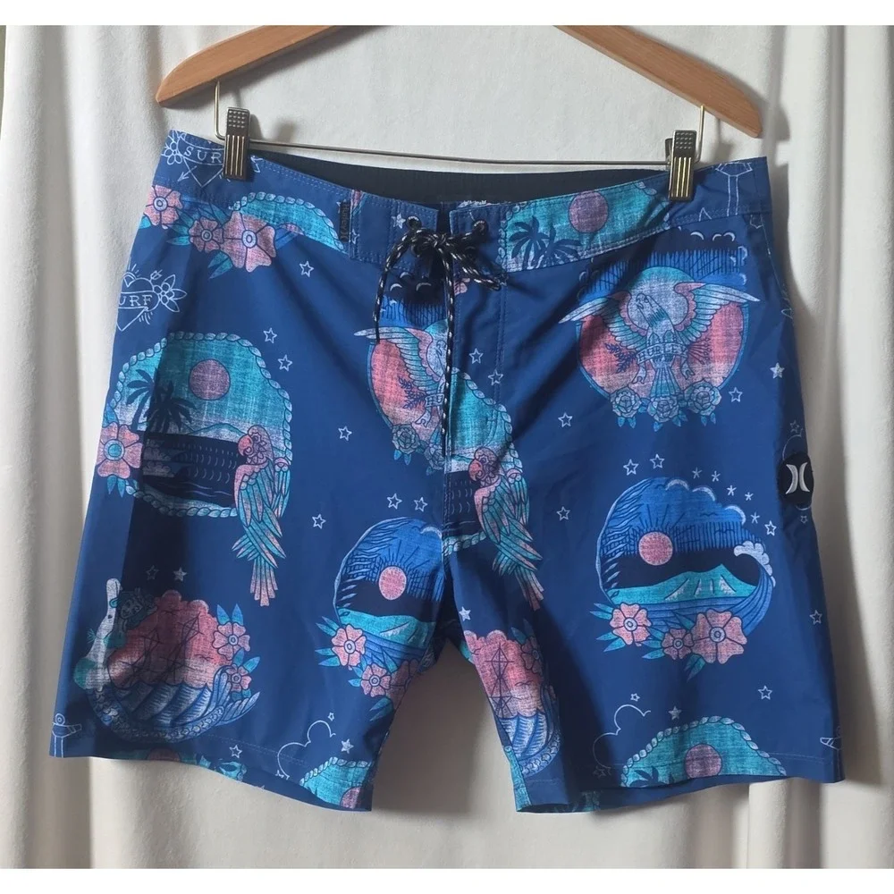 Hurley Men's Blue Tattoo Graphic Board Shorts Swim Size 32 Drawstring Pockets
